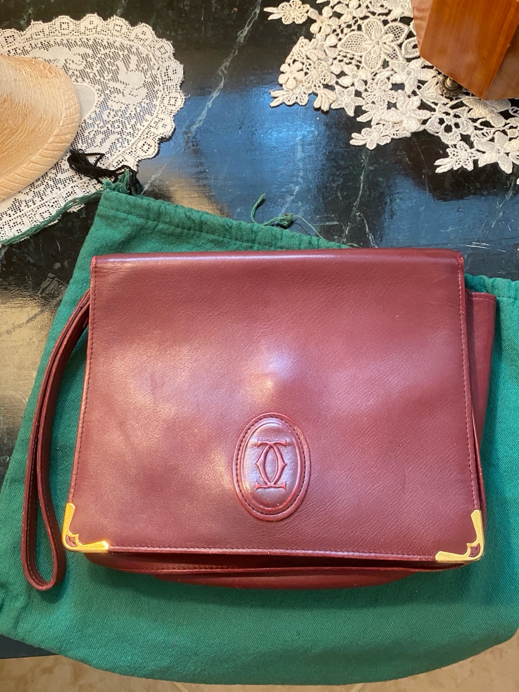Authentic Vintage Cartier Burgundy Leather Wristlet With Gold Corner Accents